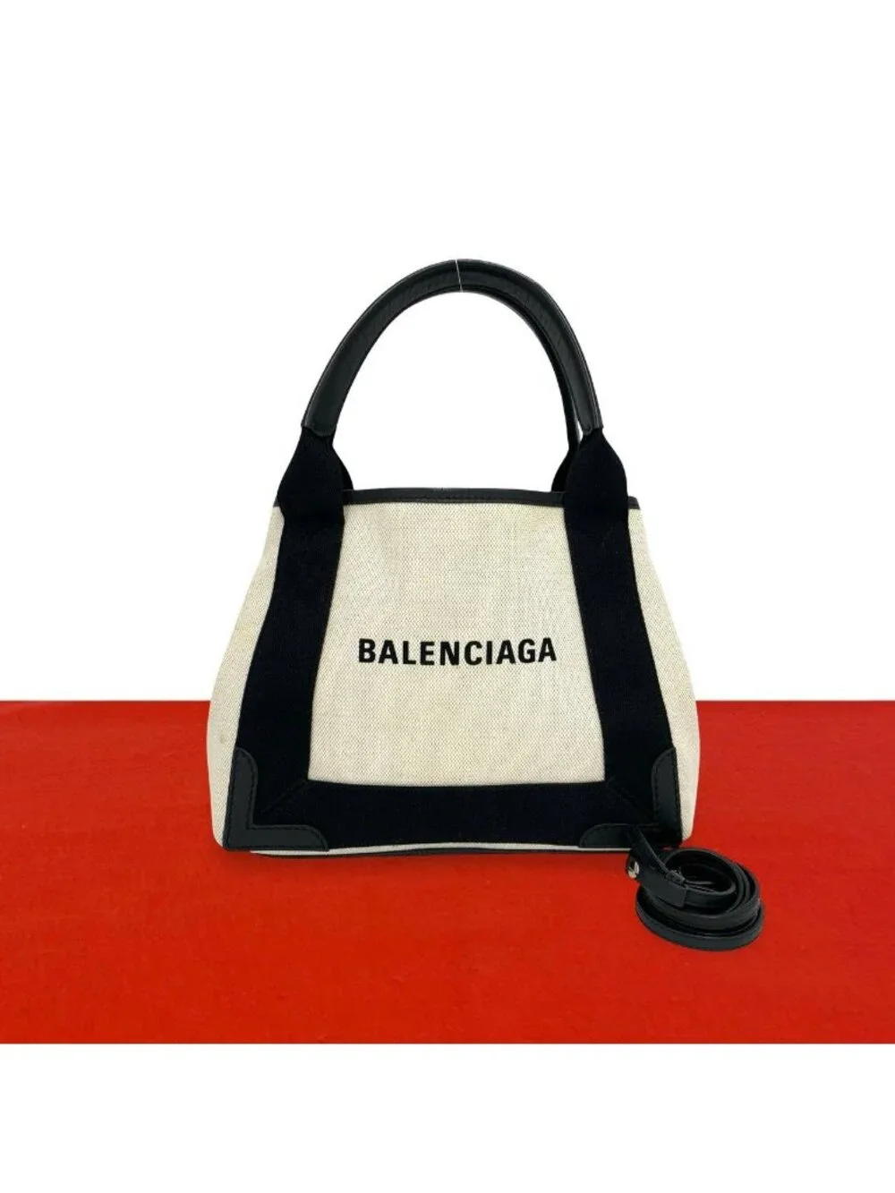 Balenciaga Navy Cabas S Canvas Leather 2-Way Shoulder Bag Black Ivory